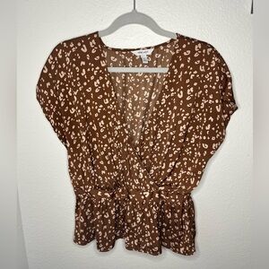 Nine West Brown Leopard Print Wrap Peplum Top – Size M